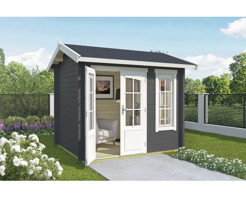 Abri de jardin Outdoor Life Alex Mini avec plancher 290 x 254,1 cm gris carbone Abri de jardin avec porte double et fenêtre dans le jardin