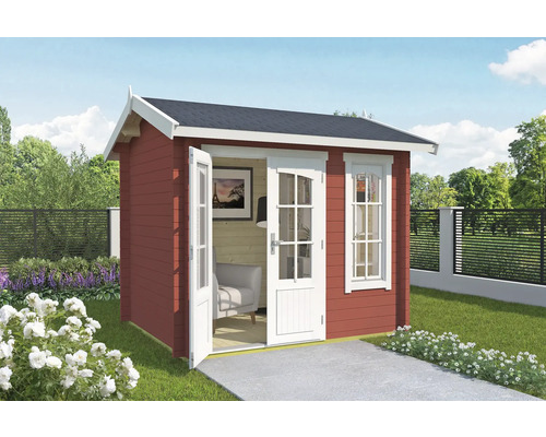 Gartenhaus Outdoor Life Alex Mini inkl. Fußboden 290 x 254,1 cm schwedenrot Holzgartenhaus mit Doppeltür und Fenster im Garten.