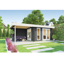 Modernes Gartenhaus mit Terrasse und Gartenmöbeln in einem gepflegten Garten.