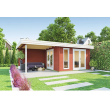 Holzgartenhaus mit Terrasse, Gartenmöbeln und Rasenfläche