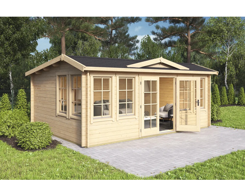 Abri de jardin Outdoor Life Balmoral 44 avec plancher 570 x 421,3 cm naturel Abri de jardin en bois avec fenêtres et double porte sur terrasse