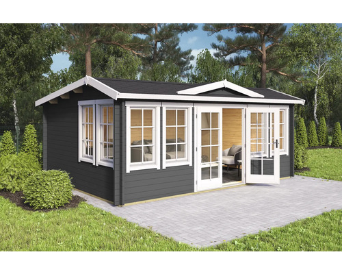 Gartenhaus Outdoor Life Balmoral 44 inkl. Fußboden 570 x 421,3 cm carbongrau Gartenhaus mit Fenstern und Doppeltür auf einer Terrasse
