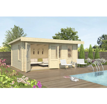 Gartenhaus aus Holz mit Terrasse und Pool im Aussenbereich