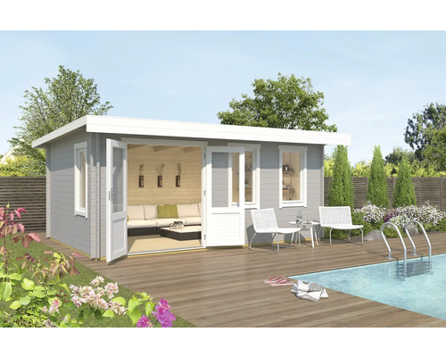 Abri de jardin Outdoor Life Baruda 53 avec plancher 570 x 415 cm gris clair Abri de jardin avec terrasse et piscine à l''extérieur