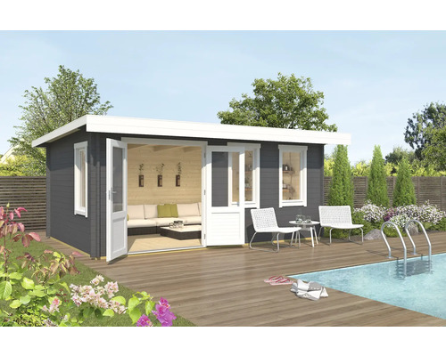 Abri de jardin Outdoor Life Baruda 53 avec plancher 570 x 415 cm gris carbone Maison de jardin moderne en bois avec terrasse et piscine