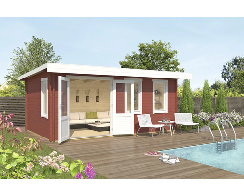 Abri de jardin Outdoor Life Baruda 53 avec plancher 570 x 415 cm rouge de Falun Abri de jardin en bois avec terrasse et piscine dans le jardin
