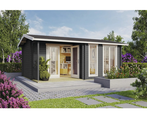 Abri de jardin Outdoor Life Brighton 44 avec plancher 580 x 429,9 cm gris carbone Abri de jardin avec fenêtres et double porte en bois
