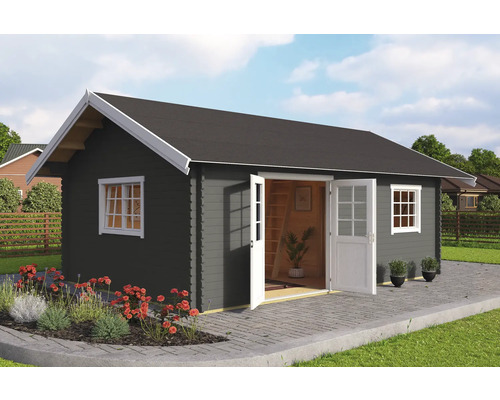 Gartenhaus Outdoor Life Caroline Set Gold inkl. Fußboden, Schlafboden, Isolierglas 675 x 489,9 cm carbongrau Gartenhaus aus Holz mit Doppeltür und Fenstern