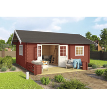Holz Gartenhaus mit Terrasse und Möbeln im Garten