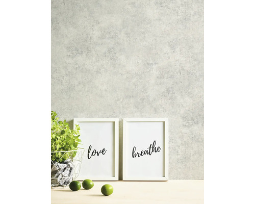 Scène décorative avec images, plante et citrons verts sur une table devant un mur