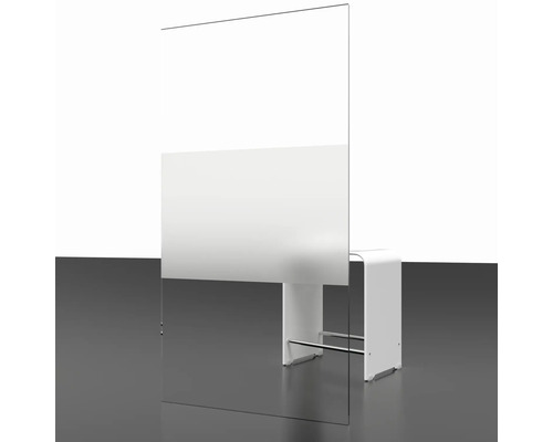 Trennwand aus Glas mit niedrigem Sichtschutz und weißem Gestell