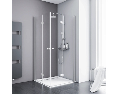 Accès d'angle avec porte pivotante pliante SCHULTE Alexa Style 2.0 ExpressPlus 80 x 80 cm couleur du profilé aluminium décor de vitre verre transparent avec verre antitache butée de porte à gauche butée de porte à droite