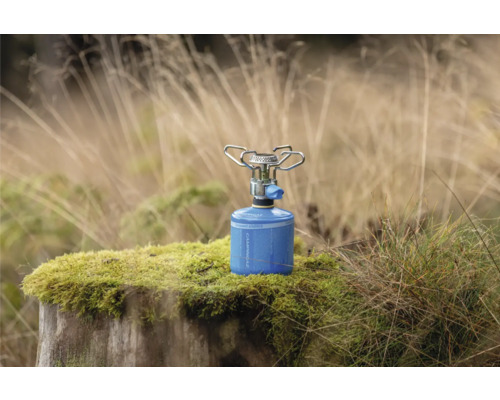 Campingaz Kocher auf einem Baumstumpf mit Moos