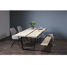 Ensemble de salle à manger avec plateau de table en bois, pieds en métal, chaises et banc