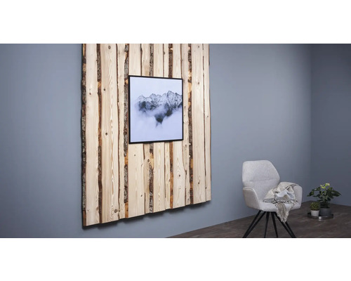 Panneau mural en bois avec motif de montagne, éléments décoratifs dans la pièce