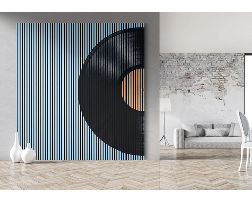 Wohnraum mit Wandpaneel in Schallplattendesign
