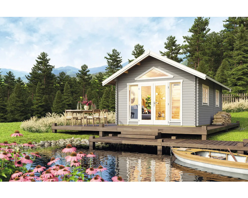 Gartenhaus Outdoor Life Caroline 2.2 inkl. Fußboden, Schlafboden 489,9 x 657 cm lichtgrau Blockhaus am See mit Terrasse, Tisch und Boot