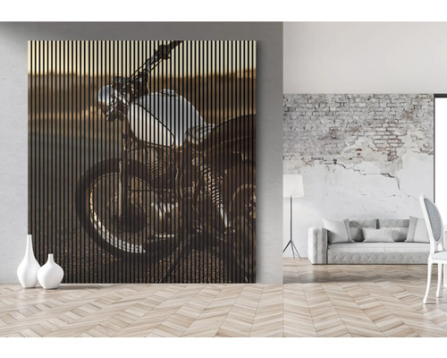 Wandpaneel mit Motorradmotiv im Wohnzimmer