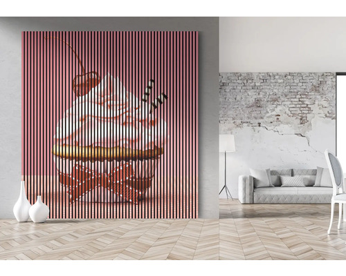 Dekoratives Lamellenbild mit einem Cupcake-Motiv in einem Wohnraum