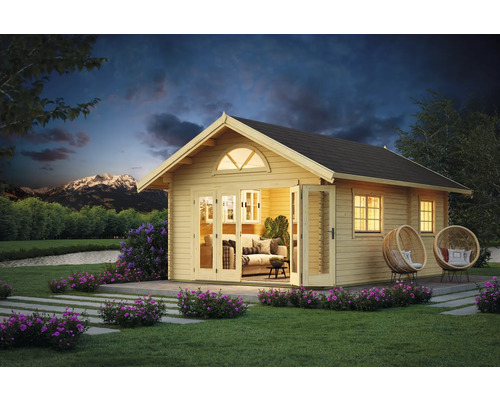 Gartenhaus Outdoor Life Caroline 2.3 inkl. Fußboden, Schlafboden 489,9 x 657 cm natur Holz Gartenhaus mit offenstehenden Türen, Fenstern, Gartenmöbeln und Blumenbeet