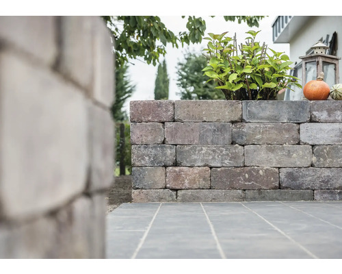 Gartenmauer aus Betonsteinen mit Pflanzen und Dekoration