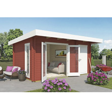 Modernes Gartenhaus mit Doppeltüren und Flachdach im Außenbereich mit Gartenmöbeln.