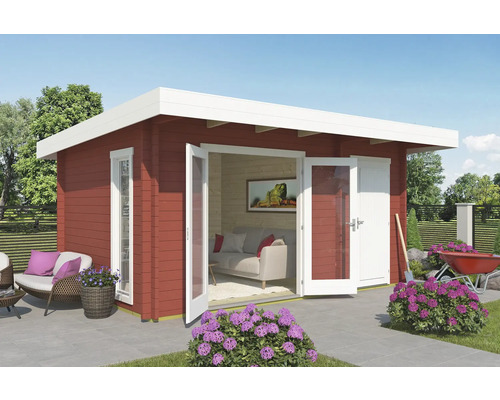 Abri de jardin Outdoor Life Chameleon 44 avec plancher 510 x 410 cm rouge de Falun Abri de jardin moderne avec portes doubles et toit plat dans un environnement extérieur avec mobilier de jardin.