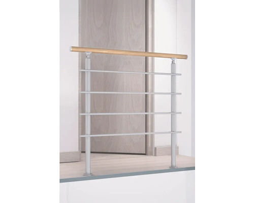 Geländer mit Holzhandlauf und Metallstreben vor einer Tür