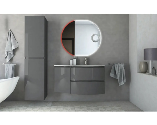 Salle de bain moderne avec meuble-lavabo, armoire de toilette et miroir lumineux