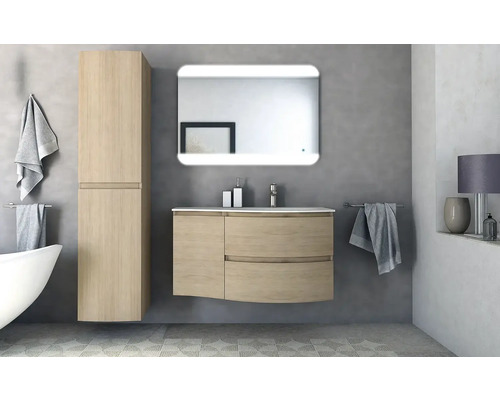 Salle de bain moderne avec meuble-lavabo, armoire de toilette et armoire haute