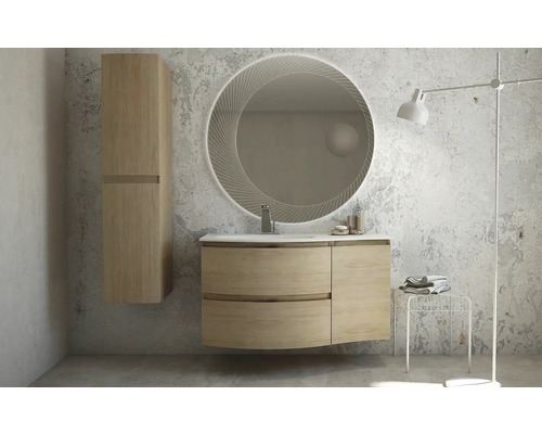 Salle de bains moderne avec meuble sous-lavabo, armoire de toilette et miroir rond avec éclairage