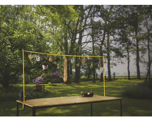 Scène de jardin avec mangeoire pour oiseaux sur une table