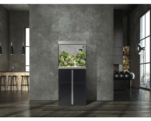 Aquarium équipé avec meuble bas dans une pièce à vivre.