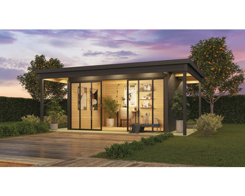 Gartenhaus Outdoor Life Domeo 4 Loggia inkl. Fußboden und Terrasse 597,6 x 421,5 cm carbongrau