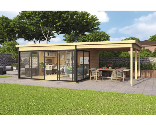 Modernes Gartenhaus mit Büro und überdachter Terrasse im Außenbereich.