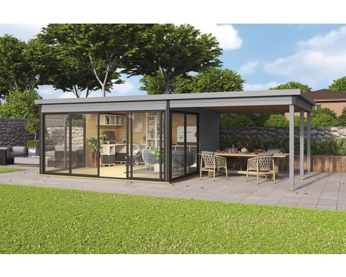 Modernes Gartenhaus mit Büro und überdachter Terrasse im Aussenbereich.