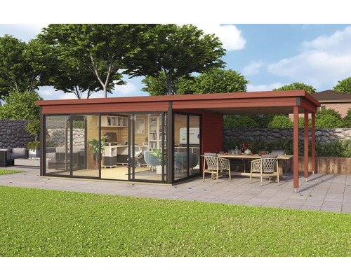 Gartenhaus mit Büro und überdachter Terrasse im Garten