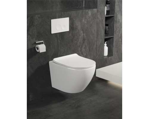 WC suspendu avec plaque de commande et support papier toilette dans une salle de bains moderne.