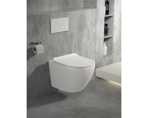 WC suspendu à fond creux dans une salle de bains moderne avec plaque de commande