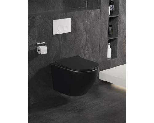 Salle de bains moderne avec WC suspendu noir, plaque de commande blanche et porte-papier toilette.