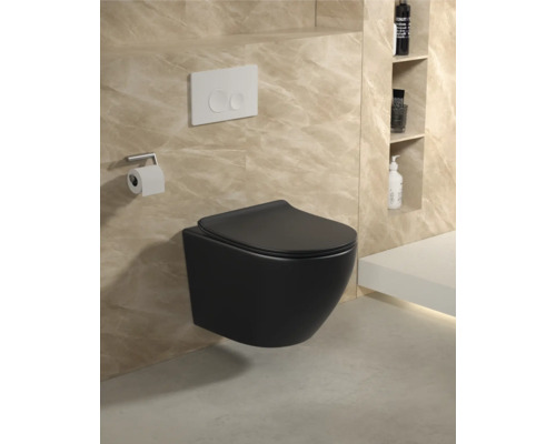 Salle de bains moderne avec WC suspendu noir à fond creux et plaque de commande