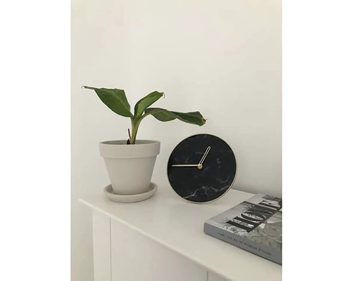 Décoration de table avec plante d''intérieur en pot, horloge ronde et livre