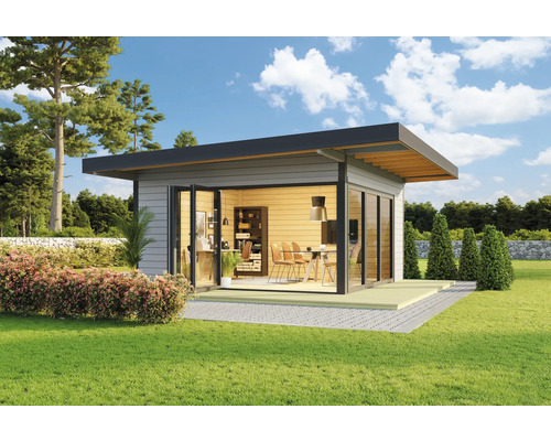 Abri de jardin Outdoor Life Domeo 9 avec plancher 590 x 590 cm gris clair Maison de jardin moderne avec bureau ouvert et espace de réunion dans un écrin de verdure.