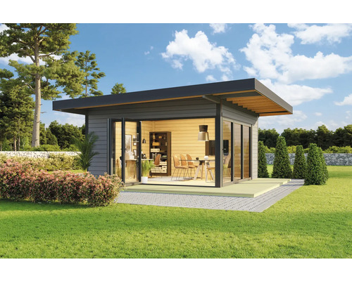 Abri de jardin Outdoor Life Domeo 9 avec plancher 590 x 590 cm gris carbone Maison de jardin moderne avec revêtement en bois, façade en verre et mobilier de bureau à l''intérieur.