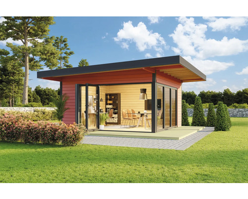 Abri de jardin Outdoor Life Domeo 9 avec plancher 590 x 590 cm rouge de Falun Abri de jardin moderne avec façade en verre et terrasse dans le jardin