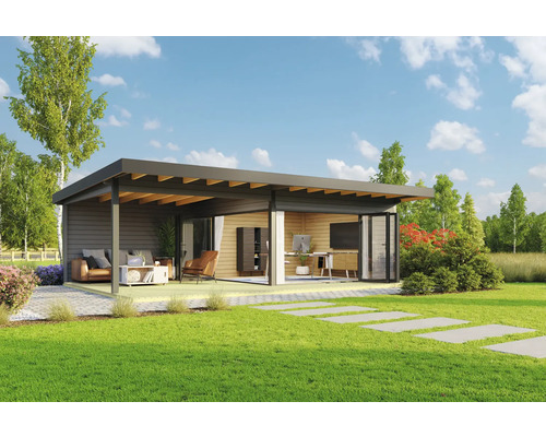 Abri de jardin Outdoor Life Domeo 10 avec plancher, terrasse 890 x 590 cm gris carbone Pavillon de jardin moderne avec terrasse et équipement de bureau dans un écrin de verdure
