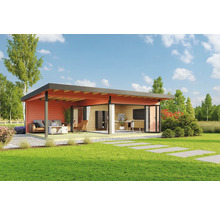 Modernes Gartenhaus mit Terrasse, Gartenmöbeln und Büroausstattung im Grünen.