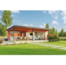 Gartenhaus mit Küche, Essbereich und Wohnzimmer im Freien auf Rasenfläche
