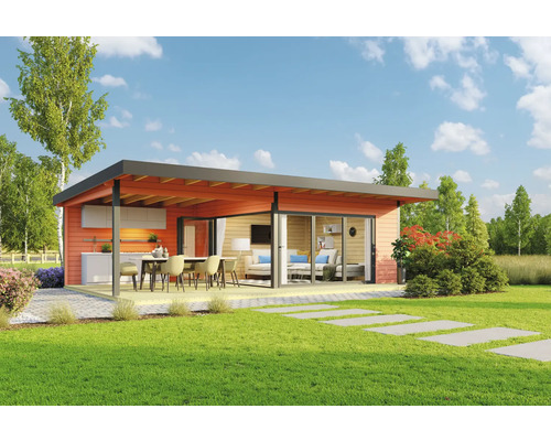 Abri de jardin Outdoor Life Domeo 10 avec plancher, terrasse 890 x 590 cm rouge de Falun Abri de jardin avec cuisine, salle à manger et salon extérieur sur pelouse
