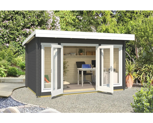 Abri de jardin Outdoor Life Dorset 1 avec plancher 430 x 320 cm gris carbone Abri de jardin moderne avec portes doubles ouvertes et équipement de bureau à l''intérieur.
